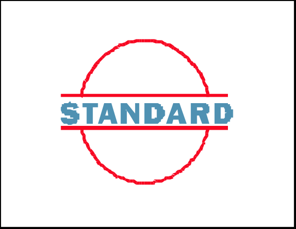 The image shows a logo with text that reads "STANDARD" inside an oval circle on top of another rectangle-shaped object which has two lines intersecting at right angles in its center; below this, there is additional smaller text reading "Standard."