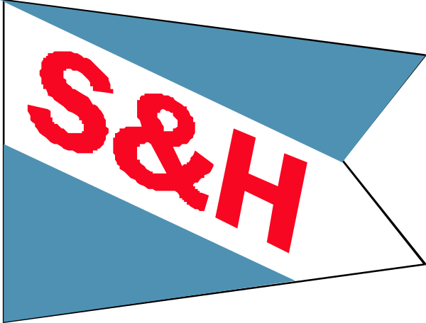 The image shows a logo with text that reads "S&H" on top of two flags; above it is an American flag to its left and another one resembling a British Union Jack below it.