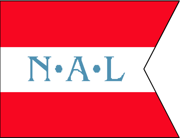 The flag of Albania with a banner across it displaying "NAL" on top and an emblem below featuring two crossed swords in front of three stars above them.