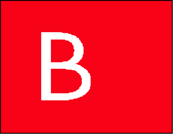 The image shows a red banner with white text that reads "B" on it against an indistinct background.
