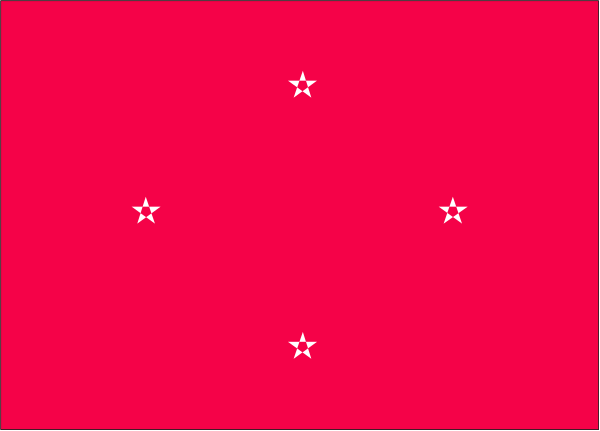 The image shows a red flag with white stars on it inside an abstract shape that resembles a building outline against a gray background.
