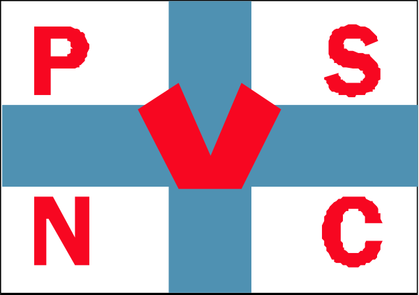 The image shows a graphic with text that reads "PVSC" at top left corner of an X-shaped cross in red on blue backgrounds; below it is another smaller rectangle containing more letters: "NJ," "SENATE."