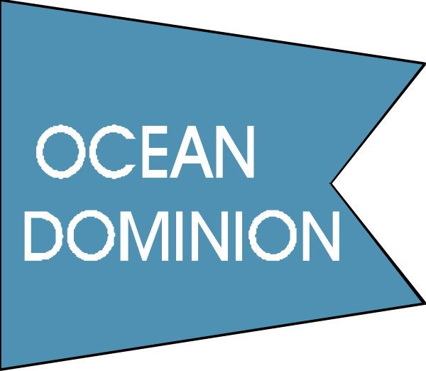 The image shows a blue flag with white text that reads "OCEAN DOMINION" on it.