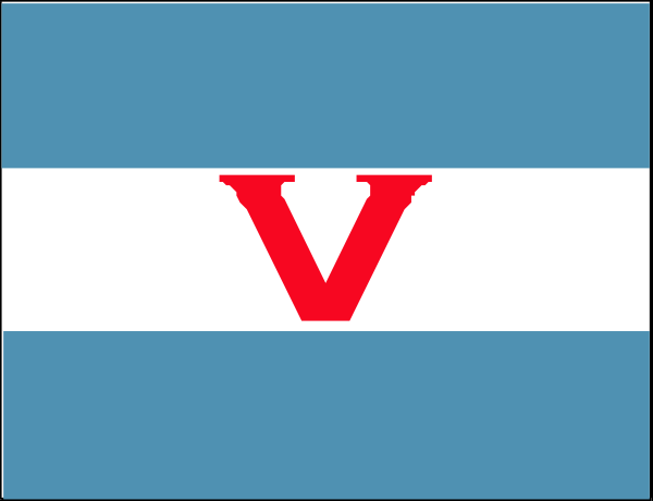 The image shows a blue flag with white text that reads "V" on it against an indistinct background.