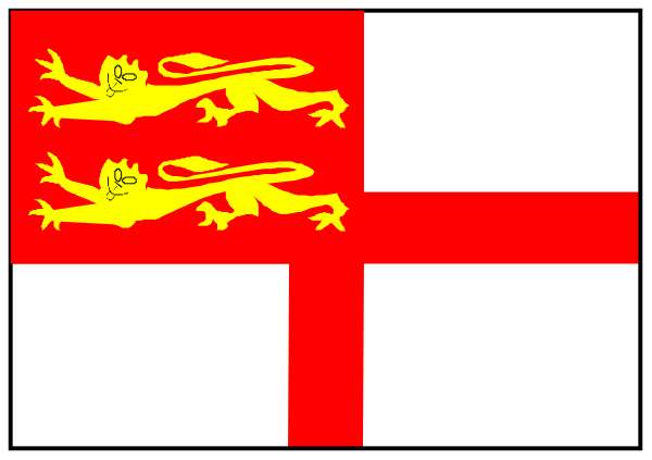 The flag of England with a lion on it displayed next to an open book that is turned sideways.