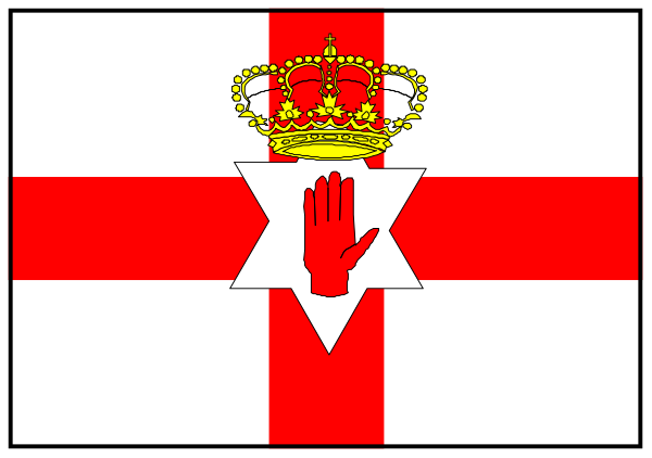 The flag of Northern Ireland with a red hand symbol on it displayed inside what appears to be an airplane cabin window frame.