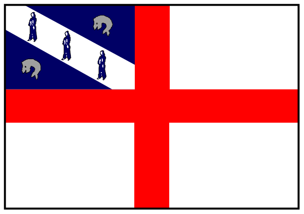 The flag of Canada with a red cross on it next to another smaller Canadian flag featuring an animal that resembles a wolf in white against blue backgrounds.