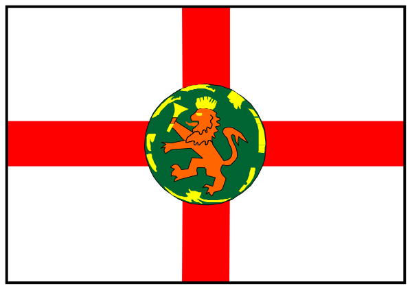 The flag of a fictional country with an emblem resembling a lion's head on it is displayed prominently in front of two rectangles that represent buildings; one has a shield design while the other features what appears to be a castle gate or entrance, all set against a backdrop featuring three vertical stripes.