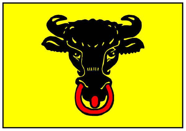 The image shows a yellow banner with black text at each end featuring an illustration of what appears to be a bull's head in profile on one side; there is no visible action taking place within this clip-art depiction, and it does not provide information about any people or animals present.