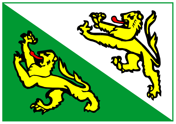 The flag of a fictional country with two lions on it flying above an emblem that resembles a castle gateway.