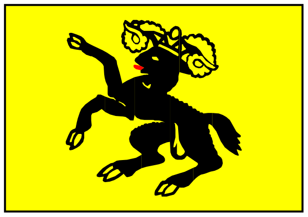The image shows a black silhouette of an animal with horns on its head running to the right across what appears to be a yellow banner against a gray background.