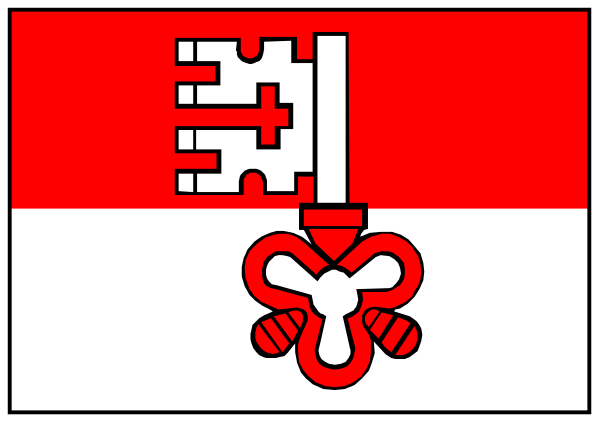 The flag of Indonesia with a key symbol on it next to another red and white striped banner featuring an emblem resembling two crossed swords in front of three stars.