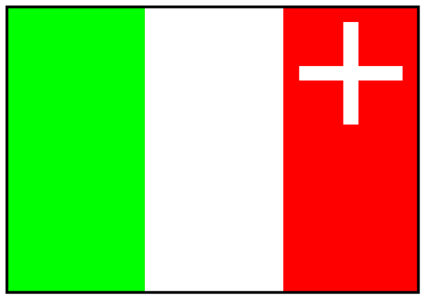 The image shows a pixelated battery with two flags on it: Italy's flag is red white and green while Albania's flag has double-headed eagle symbol in black color against an ultramarine background, both representing different countries.
