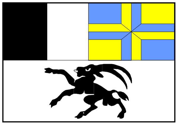 The image shows a black and white puzzle with various shapes including squares, rectangles, triangles, lines, and an animal figure resembling a dragon in one corner of the frame.