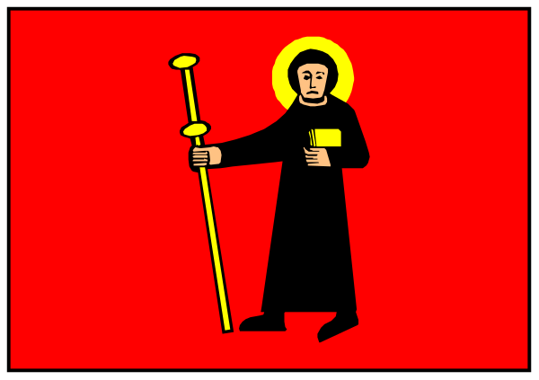 The image shows a cartoon of an animated character holding two golden staffs while standing inside what appears to be a red door frame with white lines indicating depth perspective.