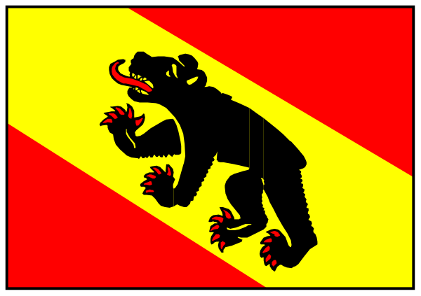 The flag of a fictional country with an animal on it hanging from two poles at either end.