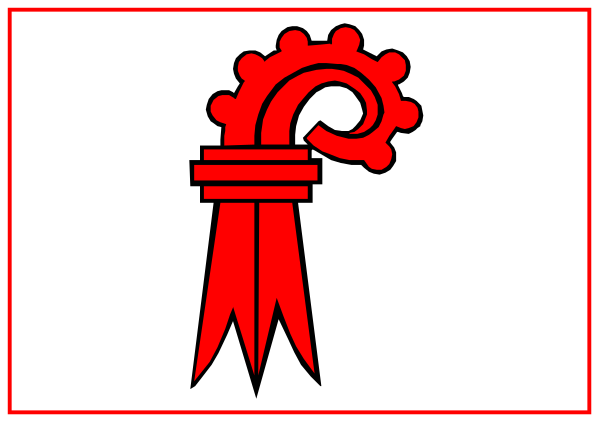 The image shows a red ribbon with two white gears on it against a plain background.