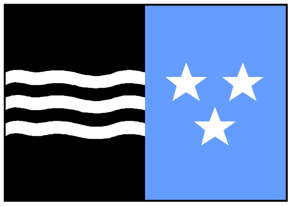 The image shows a black flag with white stars on it next to another blue flag that has an emblem of three waves in its center.