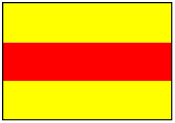 The image shows a red rectangular object with yellow stripes on its sides next to an orange rectangle that has white lines inside it against a gray background.