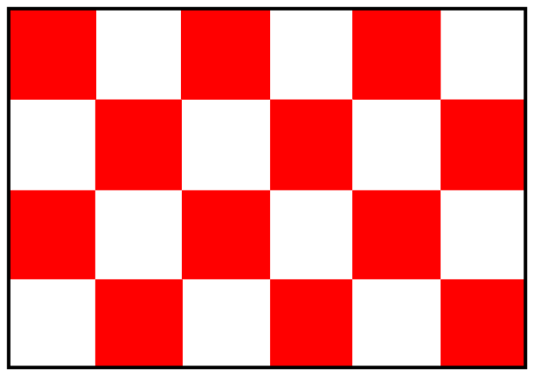 The image shows a red checkered flag with white borders on it against a gray background.