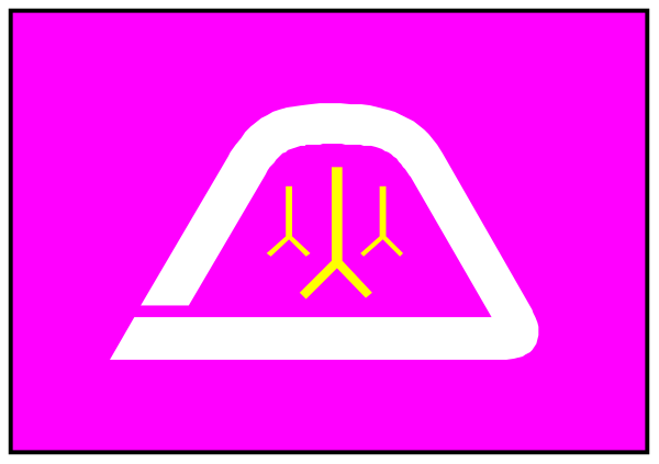 The image shows a pink sign with an exclamation mark inside it on top of what appears to be a red button labeled "Emergency" in white text below two yellow triangles pointing upwards from either side, indicating caution or danger ahead; there is also a small graphic resembling a person's head and shoulders within the pink sign.