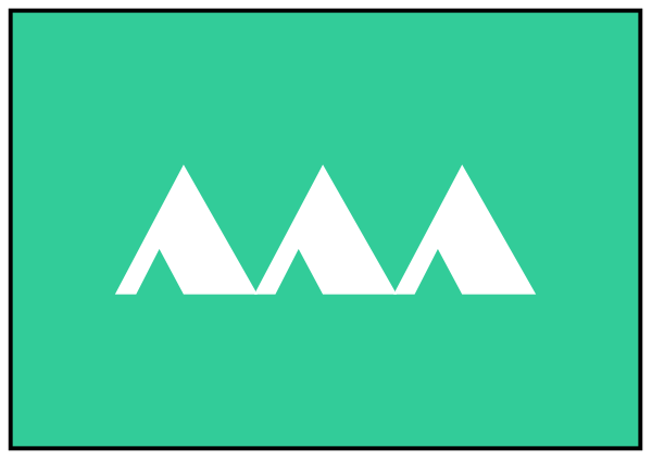 The image shows a simple graphic of an abstract mountain range with three peaks against a green background on top left corner; below it is a horizontal line that represents water flowing over rocks in front of mountains under blue sky, all within white border lines forming rectangle shape.