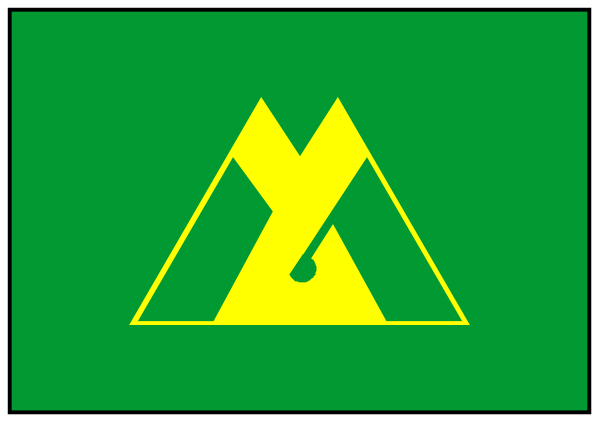 The image shows a green flag with an emblem on it that resembles a shield containing three arrows pointing upwards in front of two horizontal lines; below this symbol is another smaller rectangle-shaped object, also colored yellow and white but without any visible details or textures to describe its contents.