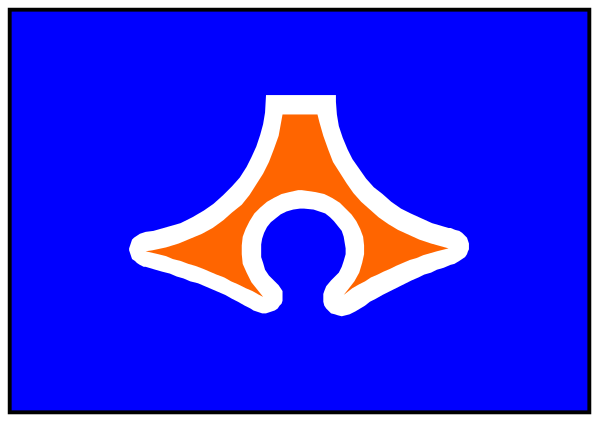 The image shows a blue flag with an emblem on it that resembles a shield featuring two crossed swords above three stars; below this is what appears to be a stylized letter 'A' in white, and next to it there seems to be some sort of symbol or logo which could represent the name "Gulf" due to its font style. The flag has an orange border at top and bottom with two vertical lines on either side that are also red; these colors create a contrast against the blue background.