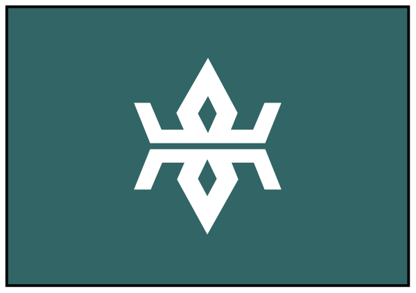 The image shows a stylized graphic of an emblem with two intersecting lines forming a cross-like shape atop what appears to be a shield design on top left corner; below this symbol is another, smaller rectangle containing three vertical bars and one horizontal bar that resemble the pattern found in some tribal or indigenous art. The background consists of solid colors transitioning from light gray near the bottom edge into darker shades towards the center-right side where a black border frames an area with white lines forming geometric shapes, possibly representing walls or boundaries within this graphic space.