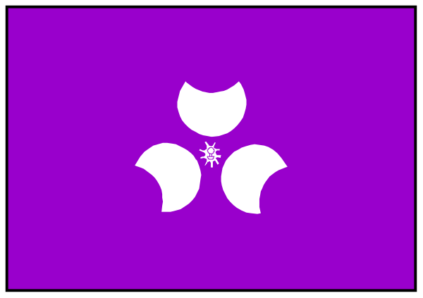 The image shows a purple flag with white stars on it hanging from an unseen pole against a gray background inside what appears to be a room with dark walls.