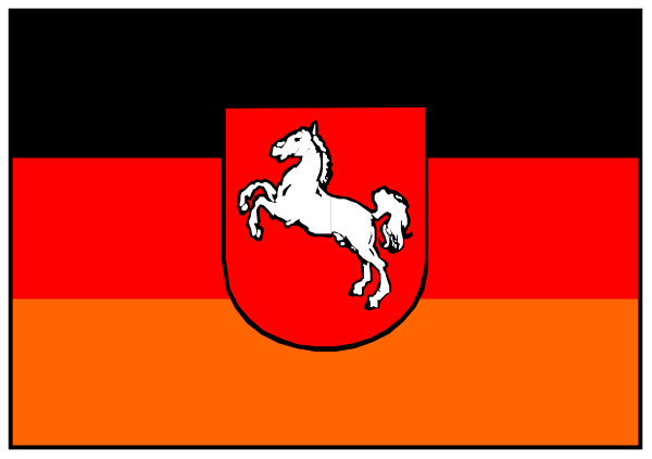 The flag of Germany with a white horse on it displayed above an orange stripe.