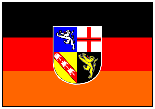 The flag of germany with a coat of arms on it displayed against an orange background.