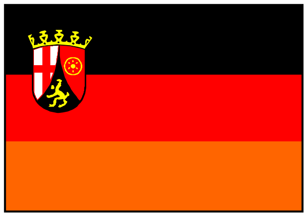 The flag of germany with a coat of arms on it next to an orange stripe.