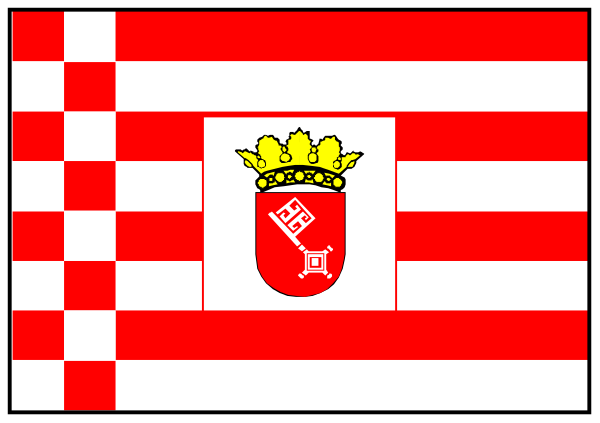 The flag of Romania with a coat of arms on it displayed against red stripes.