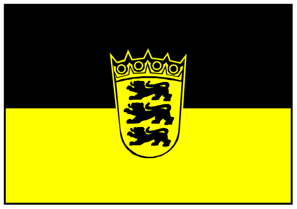 The image shows a coat of arms with heraldic elements such as lions rampant on either side, a shield in the center displaying what appears to be an eagle's head facing left, two crowns above and below this central emblem, all set against vertical stripes alternating between yellow and black. The style is reminiscent of traditional heraldry with its use of symbolic animals like lions and birds such as the eagle in a shield-like design within an ornate border that suggests it could be part of a larger coat of arms for a family