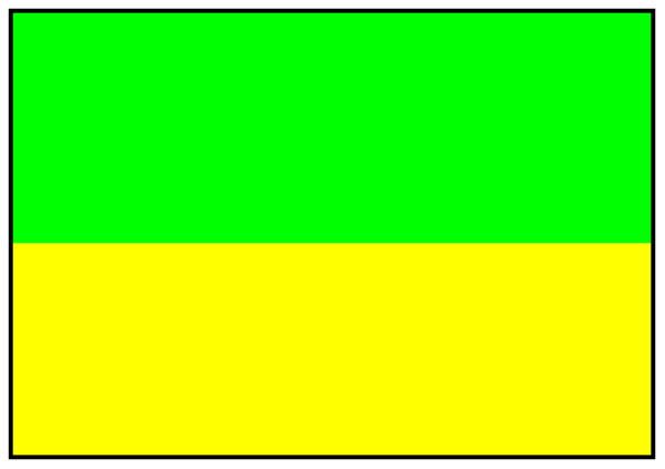 The image shows a simple line drawing of an abstract shape with two rectangles on either side connected by lines; it is colored in green for one rectangle and yellow for another against a gray background.