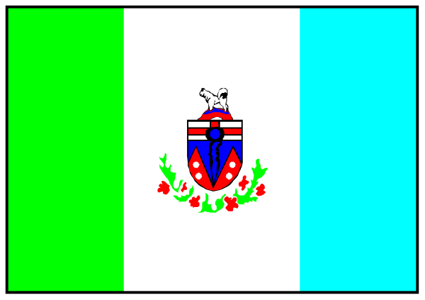 The flag of a country with its coat of arms displayed on it hangs from an unseen pole against a blue background in this small clip-art image.