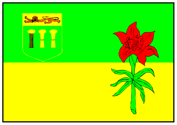 The image shows a room with yellow walls featuring two red flowers on either side of an open door frame; there is also a small window in front of which hangs what appears to be a green plant.