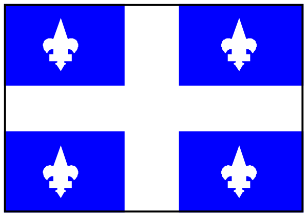 The image shows a flag of Quebec with its distinctive blue cross on white background featuring four fleur de lis symbols at each corner.