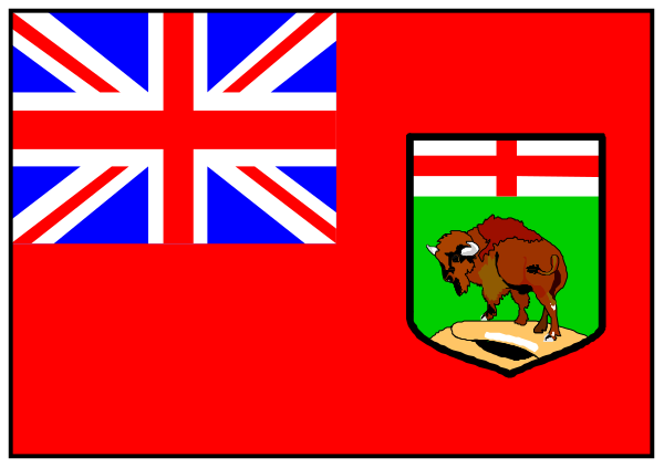 The flag of Canada with a red coat on it next to another Canadian flag featuring an animal that looks like a buffalo in front of mountains under blue sky.