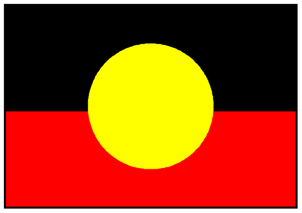 The flag of Australia with a red background featuring white stars on either side and an Aboriginal design at its center is displayed in this image.