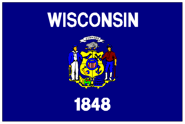 The image shows a banner with text that reads "WISCONSIN" at top left corner, followed by an illustration of three men in suits standing behind it on what appears to be a stage set against a blue background; below them is another line of smaller print reading "1846."
