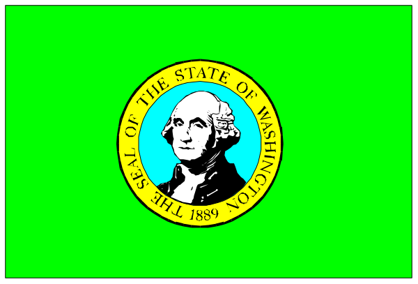 The flag of Washington state with a green background on top half and yellow bottom half is shown inside an open book that has been cut in two places to create three sections: one at each end where you can see pages, another section showing only spine without any text or image, all set against black backdrop.