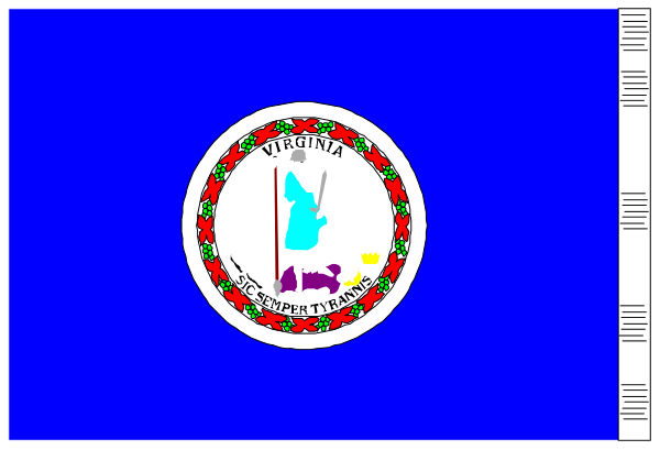 The flag of Virginia with a blue background on top half and white bottom half featuring red crosses is displayed prominently in this image.