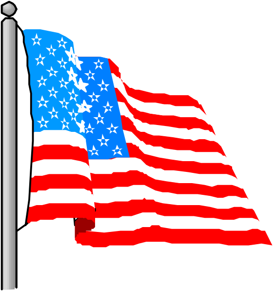 The image shows two American flags waving side by side against a black background with white stars on each flag.