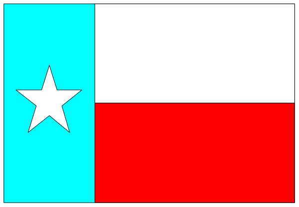 The image shows a stylized graphic of two rectangles with different patterns: on top is blue patterned like an American flag; below it is red rectangle resembling Texas state designation.