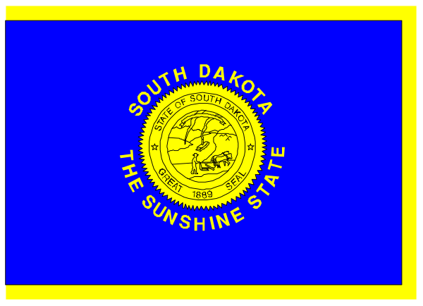 The flag of south dakota with a blue background featuring yellow text that reads "SOUTH DAKOTA THE SUNSHINE STATE".