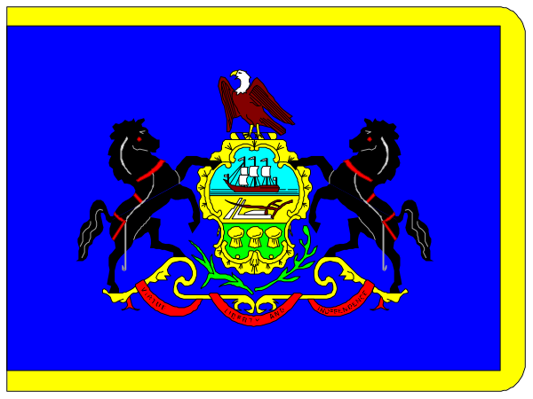 The flag of a city with an emblem on top featuring two horses pulling a carriage behind it; there is also a bird perched atop one horse's head.