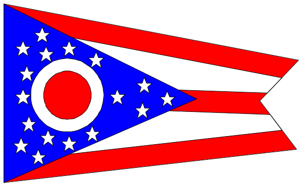 The flag of Ohio with a banner that says "Indiana" on it flying over an American Flag.