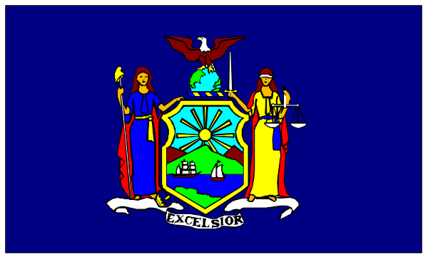 The image shows a stylized representation of an American state flag with text that reads "New York State" at its center on top of what appears to be a blue background featuring silhouettes of mountains in the distance and two figures standing side by side, one holding a torch aloft; above them is a banner bearing the name "Lake Crescent."